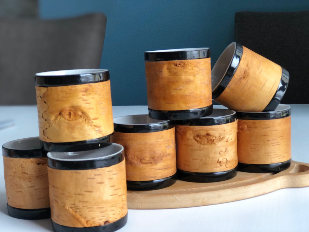 Кружка малая фарфоровая без ручки с берестой. Коллекция Log (Бревно)