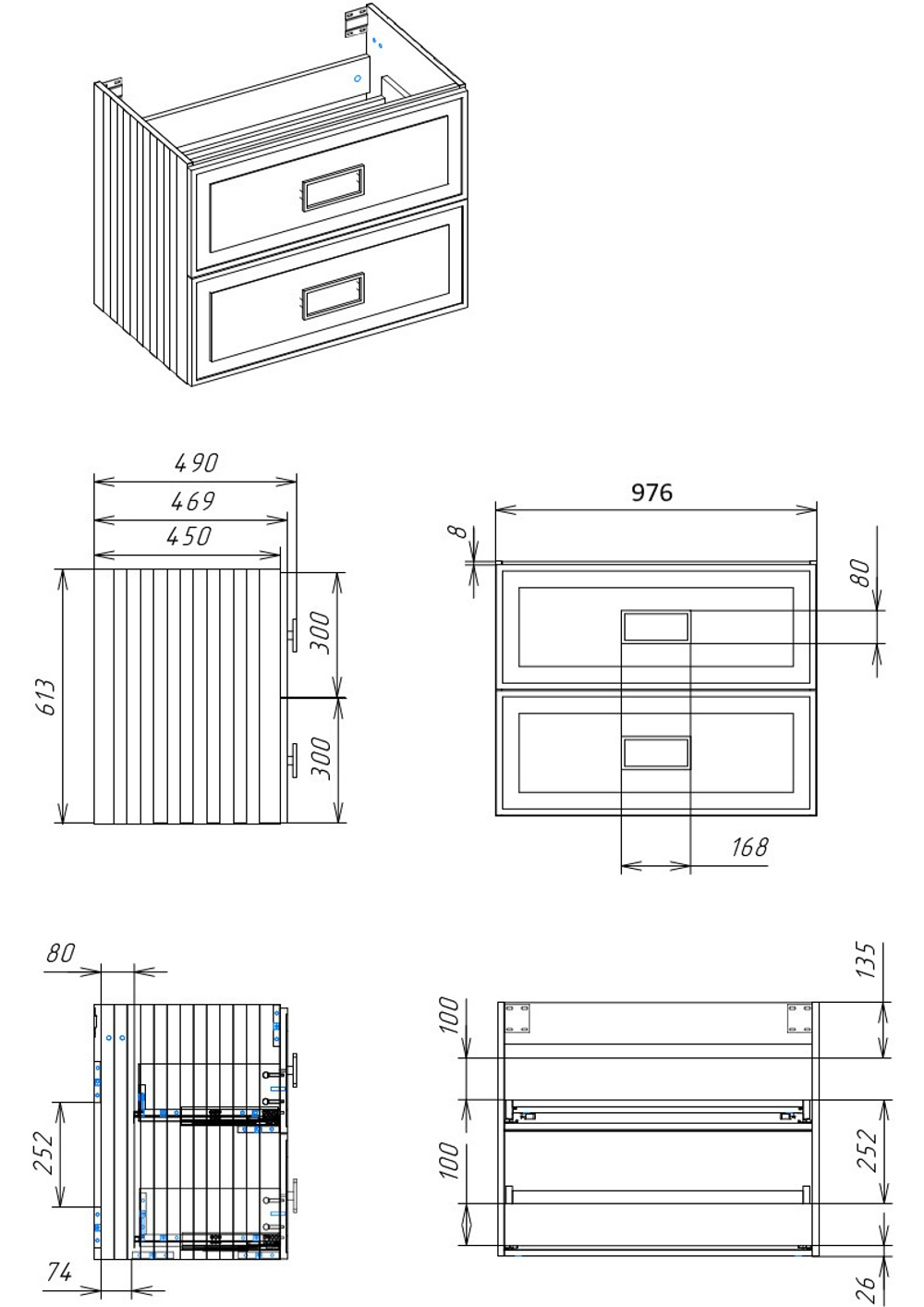 Тумба с раковиной La Fenice Cubo Grigio Twin 100 см FNC-01-CUB-G-100-2 серо-зеленая матовая