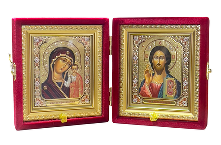 Складень малый: бархатный (цвет в ассорт.), золотой багет, коричневый лик (16,5х14,5)