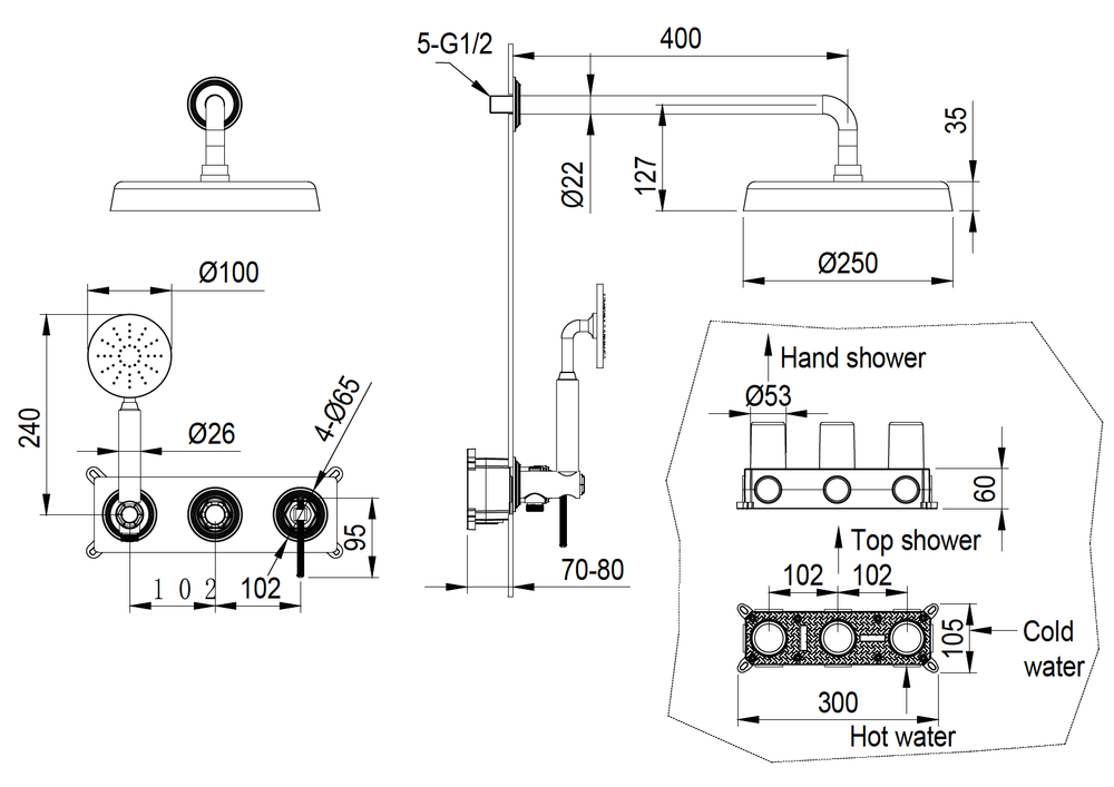 Смеситель встроенный + верхний+ ручной душ, ETERNA CHROME