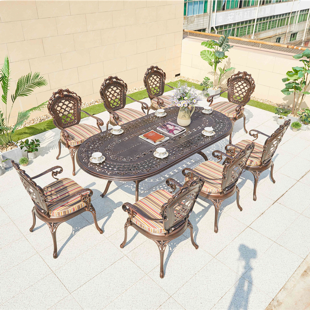 Обеденная группа из литого алюминия стол овальный ВУЛКАН «VOLCANO» 210×105 + 8 кресел ФИНЛЯНДИЯ-4 «FINLAND-4»