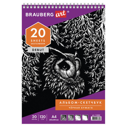 Скетчбук, черная бумага 120г/м2, 205х290мм, 20л, гребень, жёстк. подложка, BRAUBERG ART DEBUT,110995