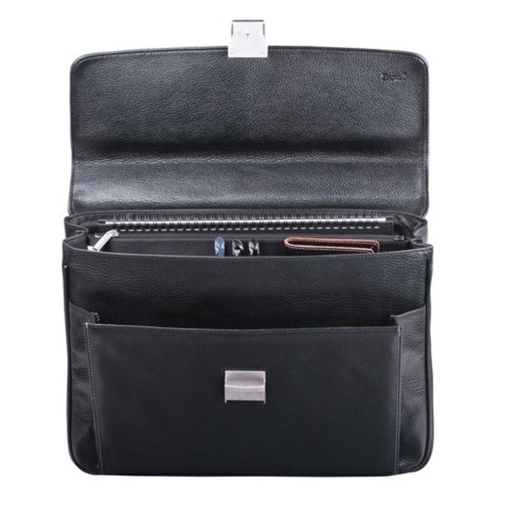 Портфель из натуральной кожи, 38х27х12 см, 2 отделения, замок с ключом, черный, 2-237