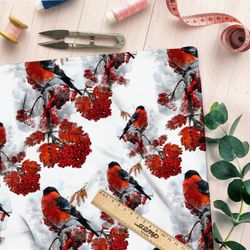 Ткань интерлок снегири на рябине