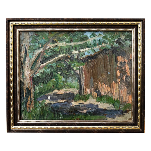 Динес Ю. С. Летний день. Дерево и амбар. Этюд. Картон, масло. 1950 г.