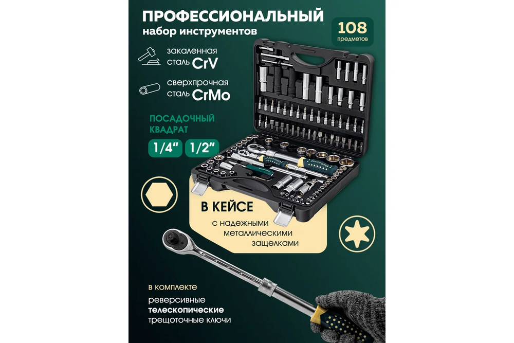 Набор торцевых головок и вставок RF-41082-5L 1/2" & 1/4"DR 6-гранных с телескопическими трещотками 108пр. ROCKFORCE