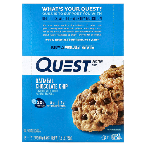 Quest Nutrition, протеиновый батончик, со вкусом овсяно-шоколадного печенья, 12 батончиков, весом 60 г (2,12 унции) каждый