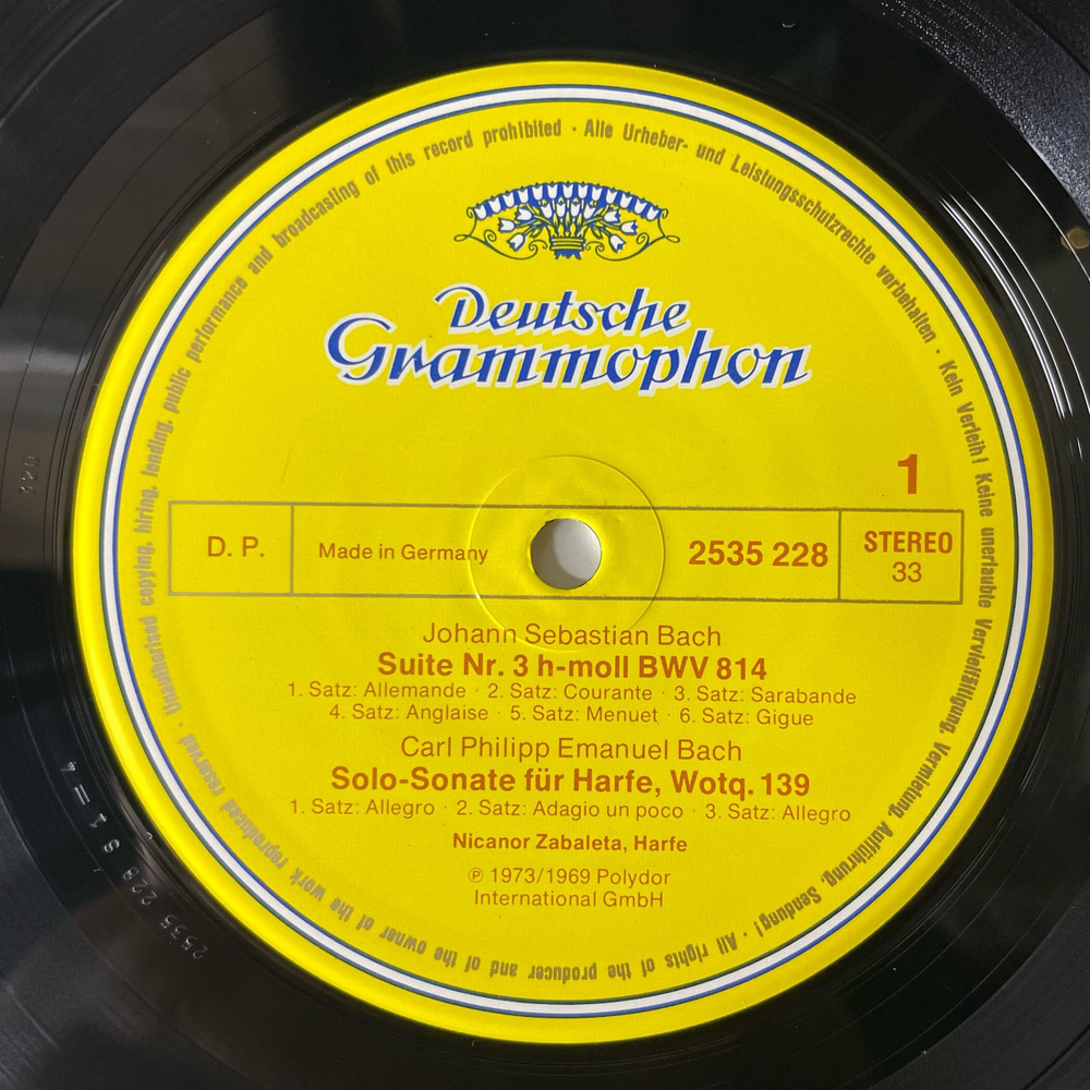 Винтажная виниловая пластинка LP Nicanor Zabaleta, J. S. Bach Бах, Handel Гендель, Viotti, Krumpholtz, Harfenmusik Des Barock (Германия 1977) Deutsche Grammophon Resonance