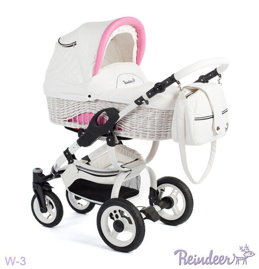 Детская коляска Reindeer City Prestige Wiklina 3 в 1 с конвертом (белый-розовый)