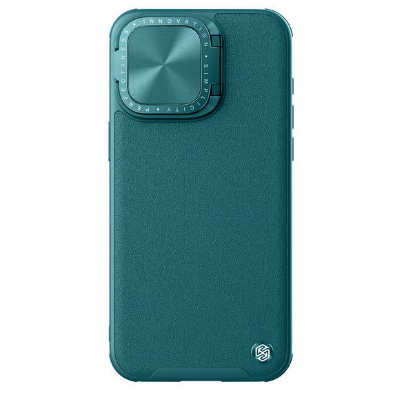 Чехол зеленого цвета (Exuberant Green) с вставками из кожи от Nillkin для iPhone 15 Pro Max, с откидной металлической крышкой для камеры, серия CamShield Prop Leather