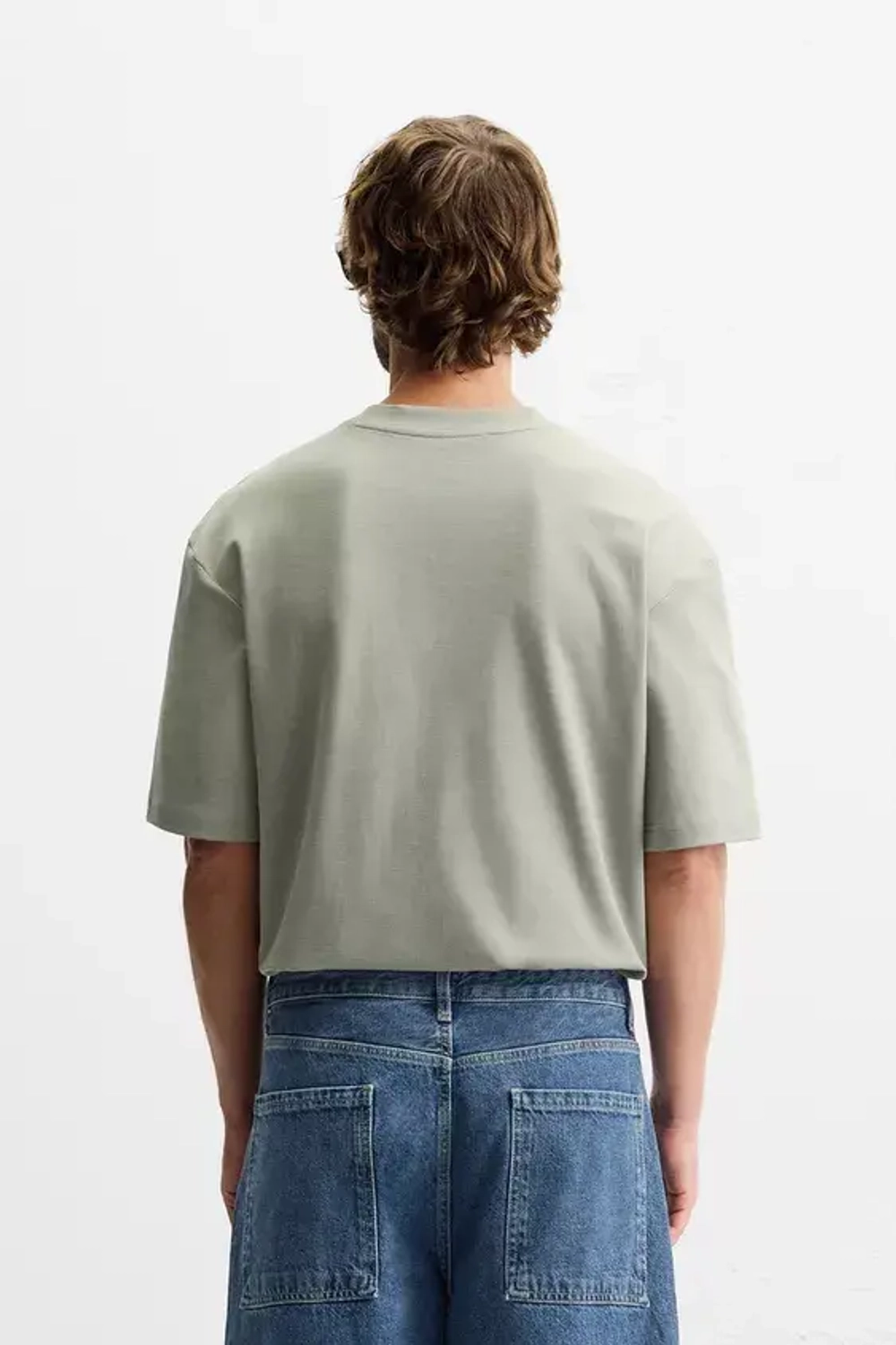 ZARA ФУТБОЛКА REGULAR FIT INTERLOCK, МЯГКИЙ ЗЕЛЕНЫЙ