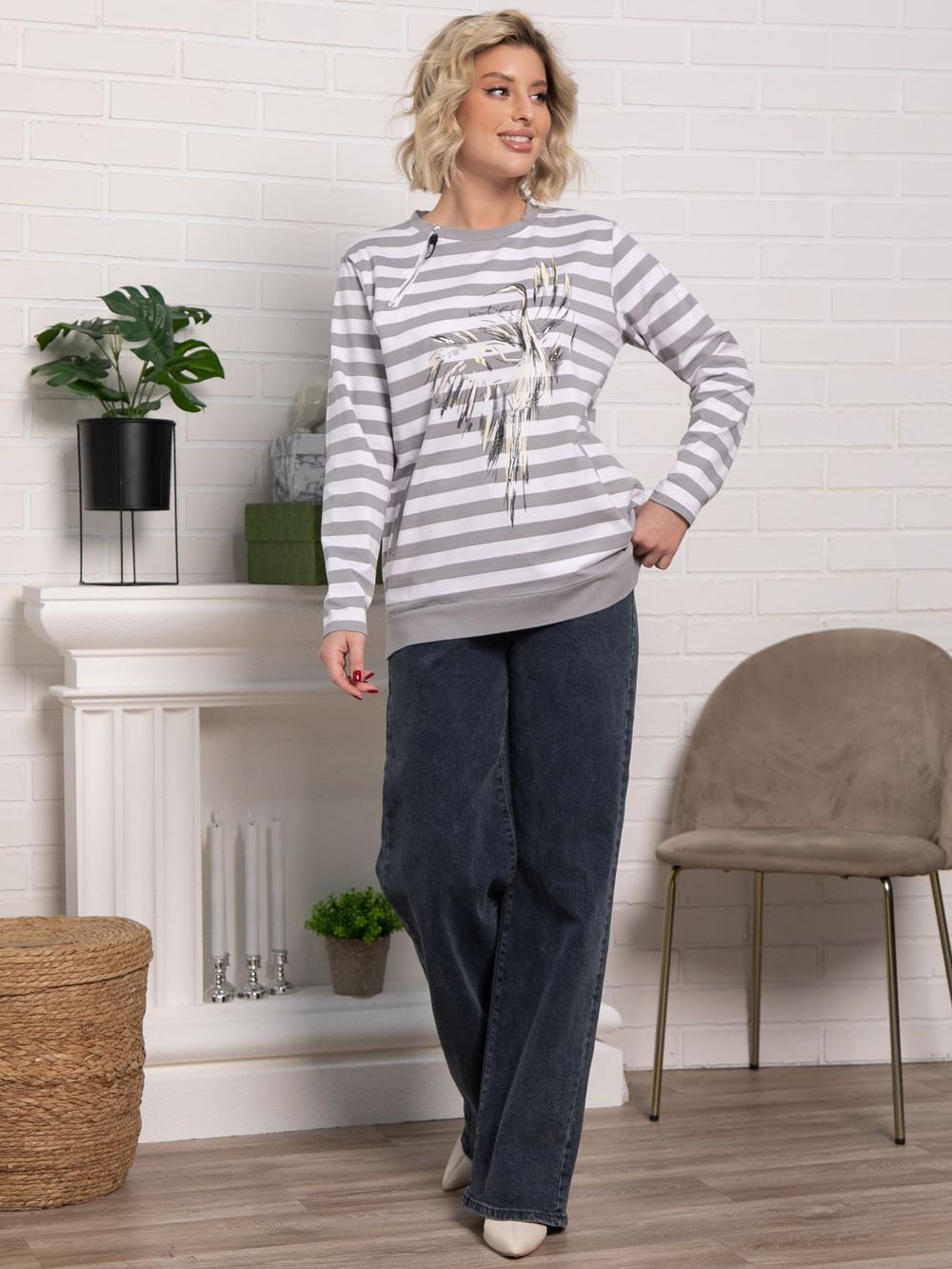 Блуза Журавлиная песня (бело-серая) Б15285-18М LT Collection