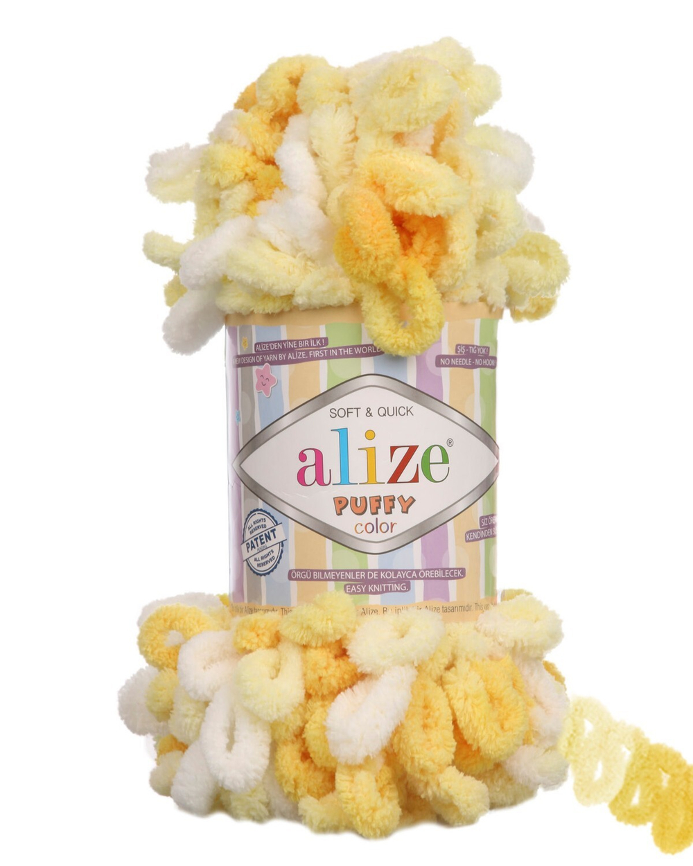 Пуффи колор (Puffy color) пряжа Alize 100%микрополиэстер 5х100г/9 м (5921 белый-желтый)
