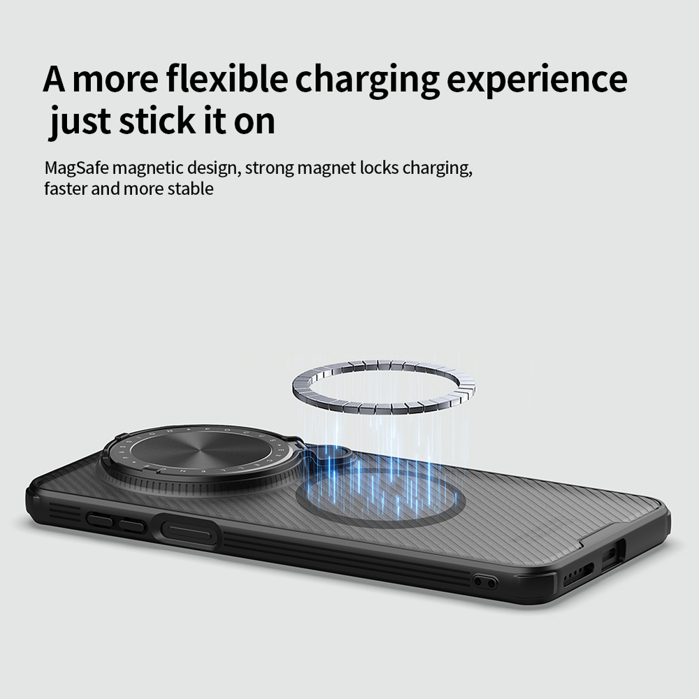 Чехол прозрачный (Transparent Black) с поддержкой MagSafe от Nillkin с металлической крышкой на Huawei Mate 70, серия CamShield Prop Magnetic Case