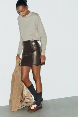 ZARA МИНИ-ЮБКА С ВЫСОКОЙ ПОСАДКОЙ, ШОКОЛАДНЫЙ