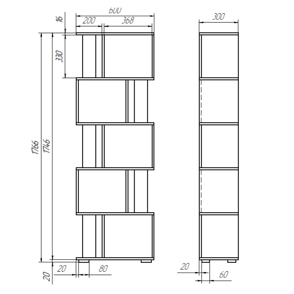 Стеллаж, 60х30х177, Фаллет, деревянный напольный, 5 полок для игрушек книг, серый антрацит, Dipriz