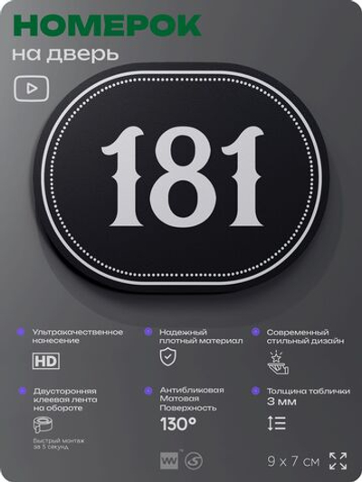 Номерок на дверь квартиры 181, для кабинета, офиса, шильдик 9 х 7 см, черный, Айдентика Технолоджи