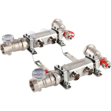 Коллектор Rommer 1"x3/4" на 2 контура с запорными клапанами в сборе (нерж. сталь) RMS-3210-000002