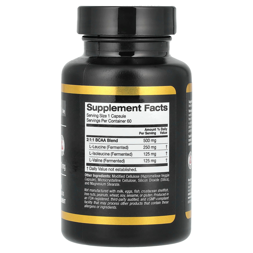 California Gold Nutrition, BCAA, аминокислоты с разветвлённой цепью AjiPure® 2:1:1 с L-лейцином, L-изолейцином и L-валином, 500 мг, 60 растительных капсул