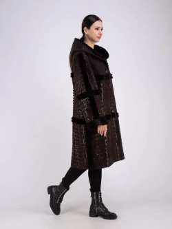 Дубленка женская натуральная длинная с капюшоном оверсайз