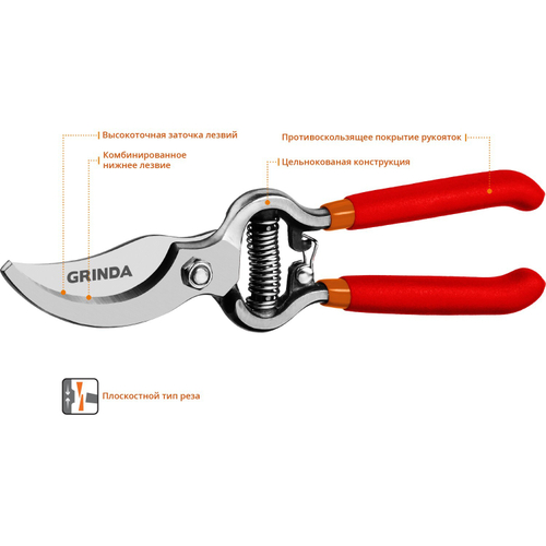 Секатор GRINDA (200мм) нерж. цельнокован. плоскостной
