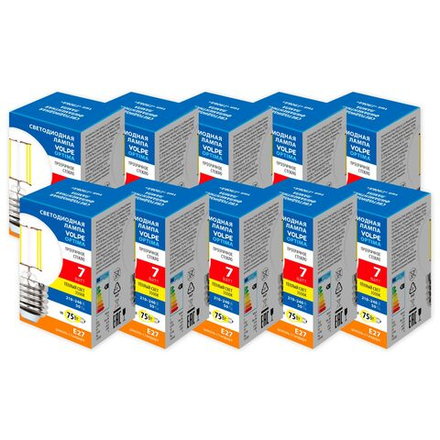 LED-G45-7W-3000K-E27-CL-SLF Набор из 10штук Лампа светодиодная. Форма шар. прозрачная. Серия Optima Филамент. Теплый белый свет 3000K. ТМ Volpe