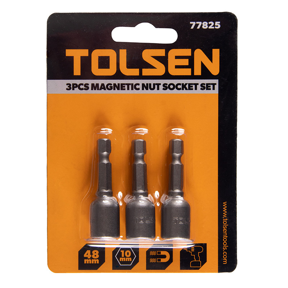 TOLSEN (TT77825) Набор головок для шуруповерта шестигранных 1/4", 10 мм, 48 мм, магнитных, 3 предмета