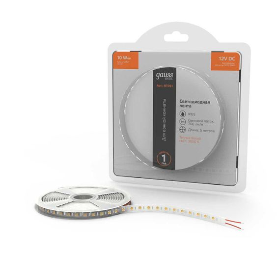 Светодиодная лента Gauss 10W/m 60LED/m 5050SMD теплый белый 5M BT051