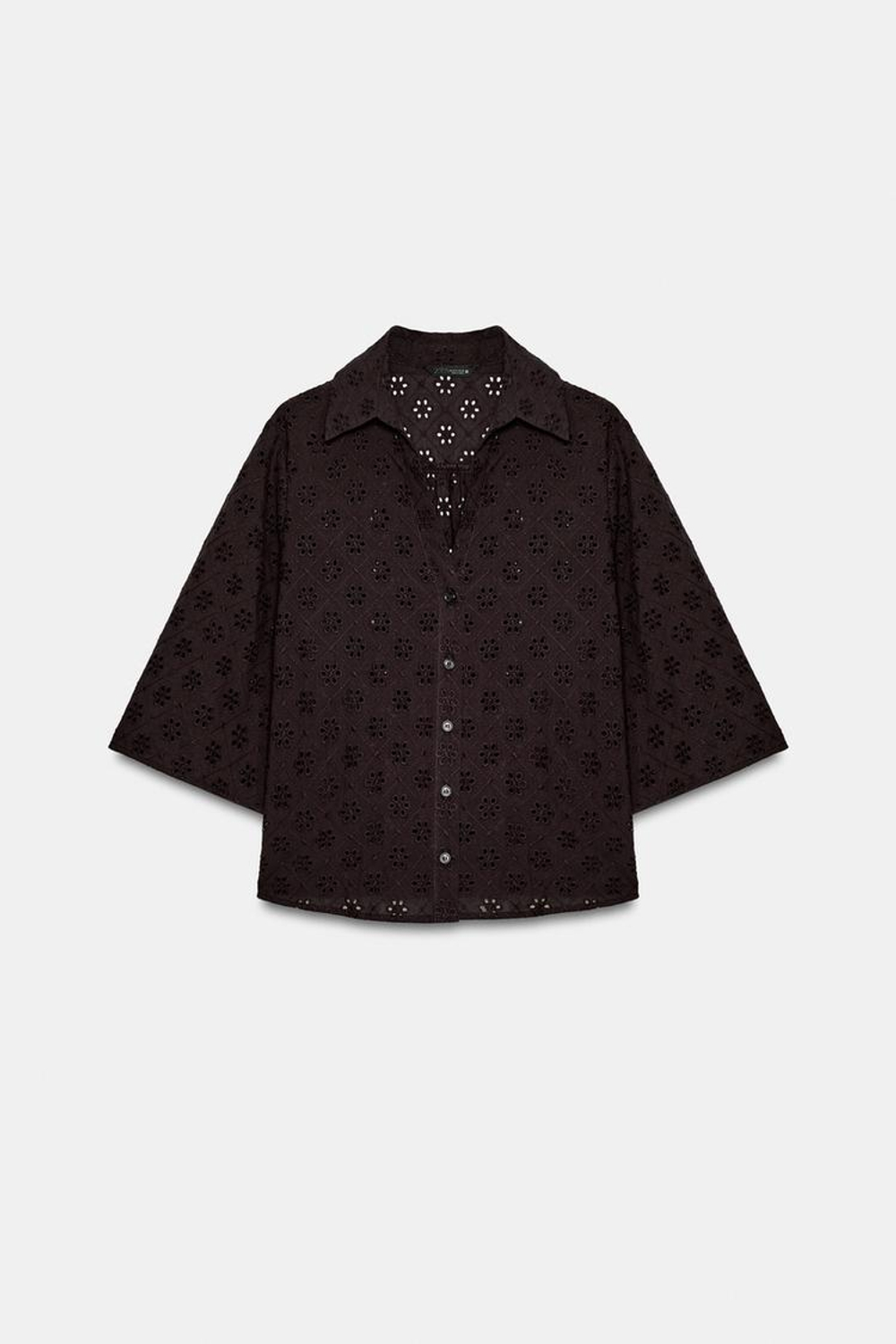 ZARA РУБАШКА С АЖУРНОЙ ВЫШИВКОЙ, КОРИЧНЕВЫЙ