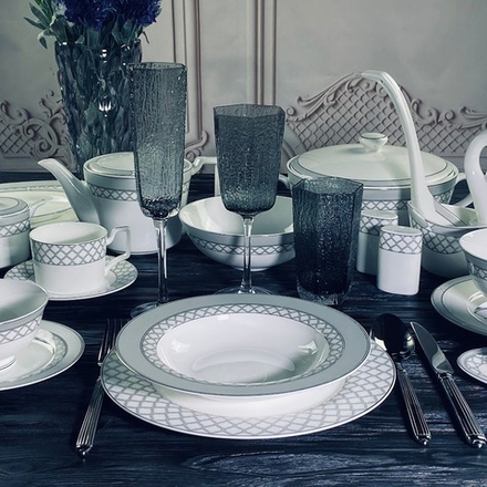 Lenardi 145-593 Обеденный сервиз 105пр. ВЕРСАЛЬ СЕРЕБРО в под.уп.(х0,5)Костяной фарфор