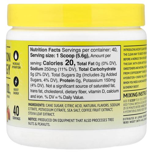 Ascent, Clean Hydration + Energy, Energy Drink Mix, Orange Mango, 7.90 oz (224 g)