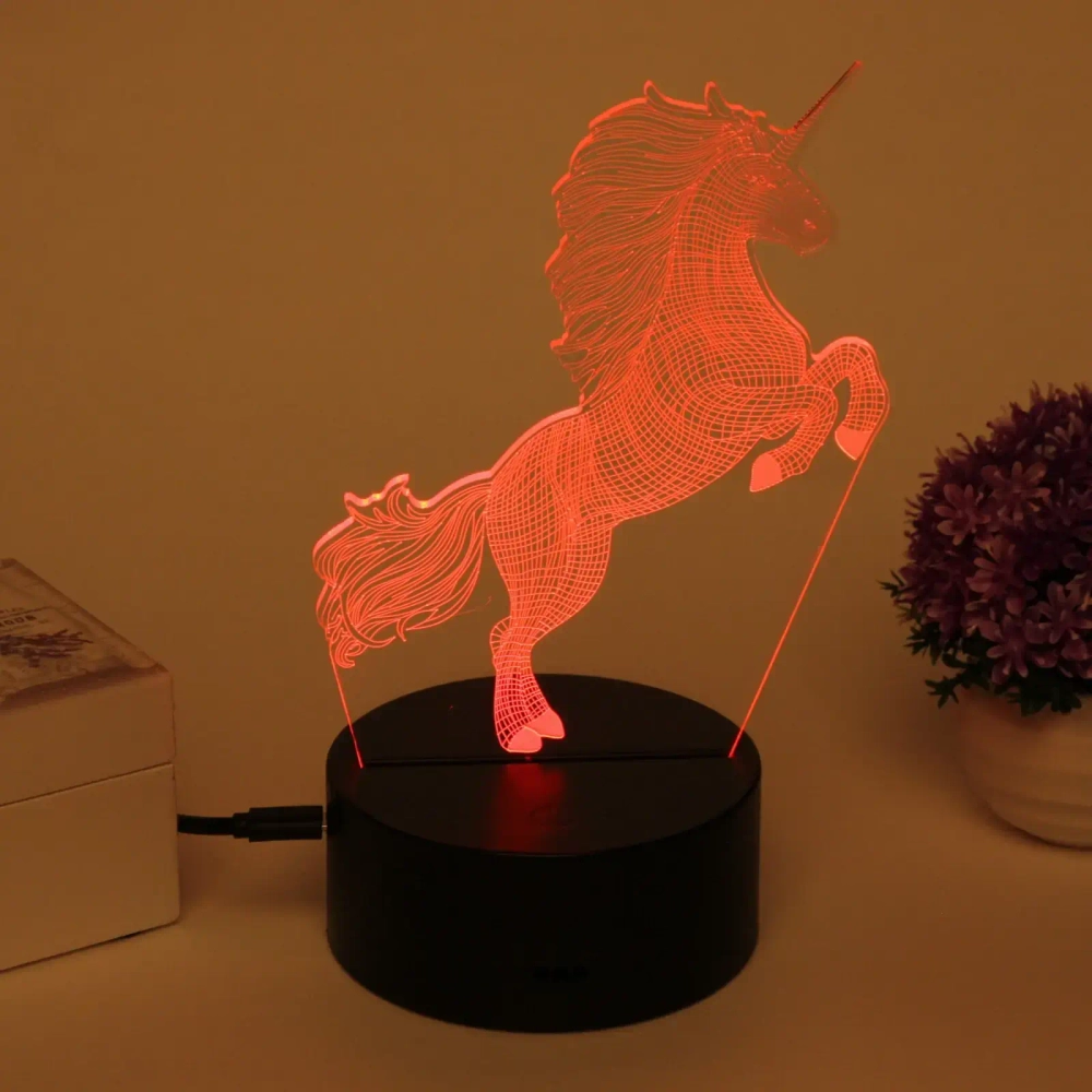 Светильник ночник «3D-Волшебный Единорог» на пластиковой подставке, с включателем USB