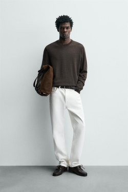 ZARA ШЕРСТЯНОЙ СВИТЕР КЛАССИЧЕСКОГО КРОЯ, КОРИЧНЕВЫЙ МЕЛАНЖ