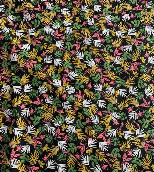 Коттон принт, листья белый/зел/роз/желтый на черном D6C3