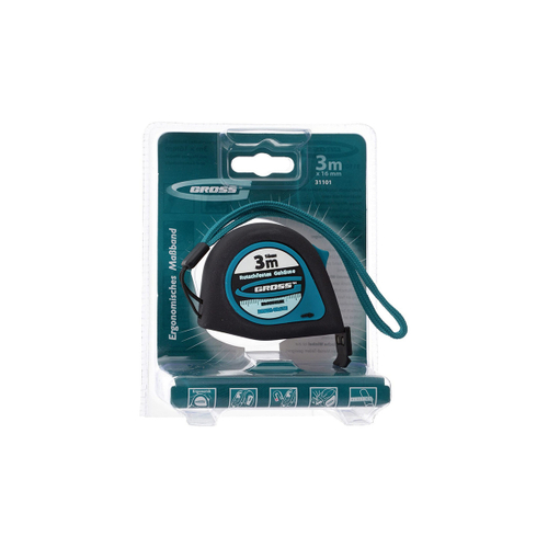 Рулетка Gross Ergonomisch, магнитный зацеп, обрезиненная, 3 м x 16 мм