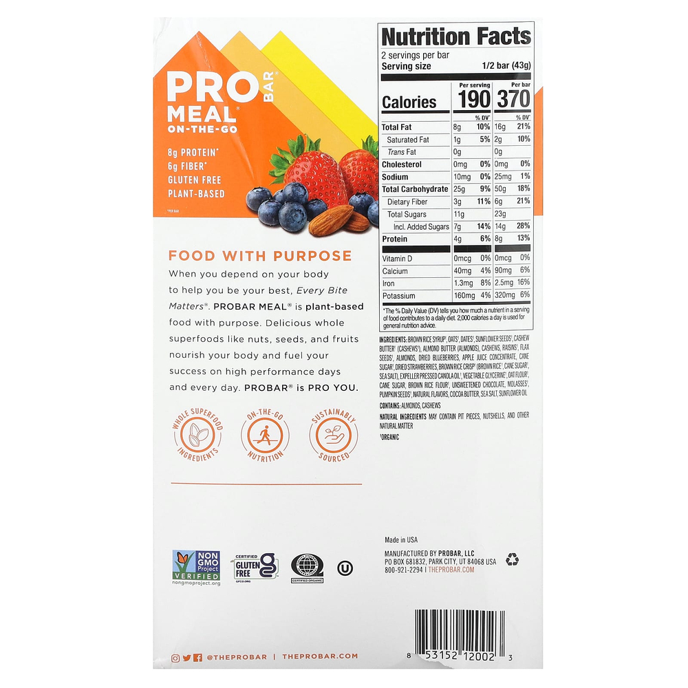 ProBar, Meal On the Go Bar, батончик со вкусом цельной ягоды, 12 батончиков по 85 г (3 унции)