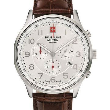 С ремешком Мужские наручные часы с коричневым кожаным ремешком Swiss Alpine Military 7084.9532 Chronograph 43mm 10ATM