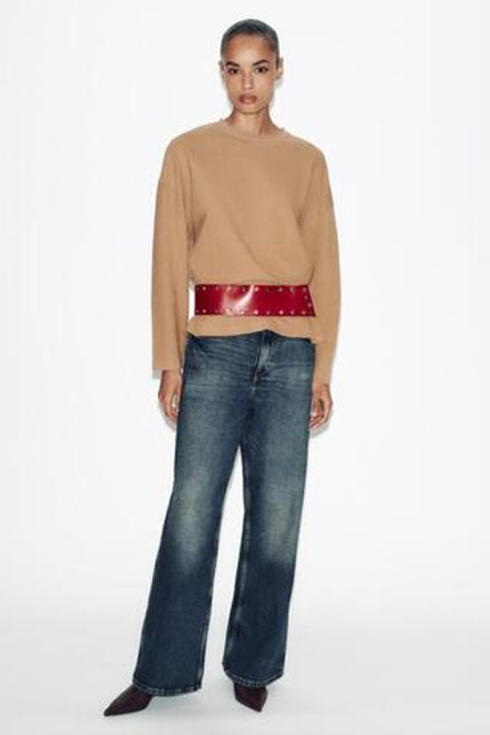 ZARA ФУТБОЛКА С ДЛИННЫМИ РУКАВАМИ, МЯГКИЙ КАШТАНОВЫЙ