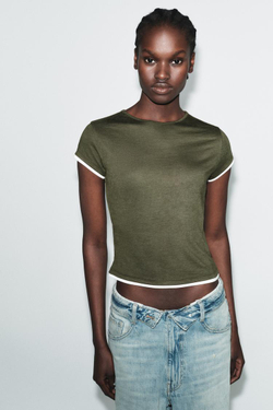 ZARA ФУТБОЛКА С КОНТРАСТНЫМИ ДЕТАЛЯМИ, ТЕМНЫЙ ХАКИ