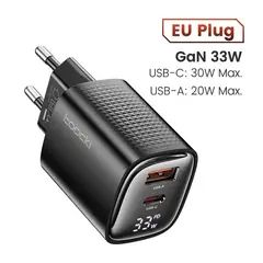 Адаптер питания Toocki 33Вт (Type-C + USB-A) Черный с дисплеем
