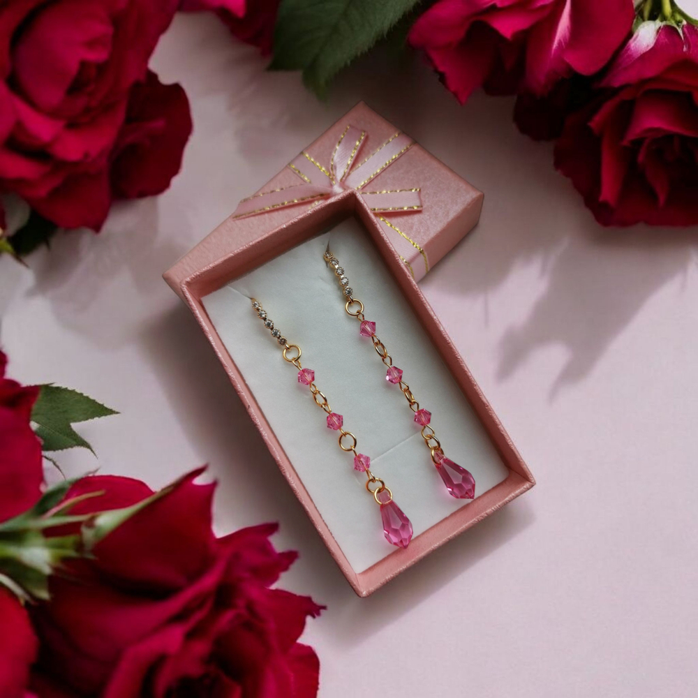 Серьги длинные с кристаллами "Сияние рассвета" розовые