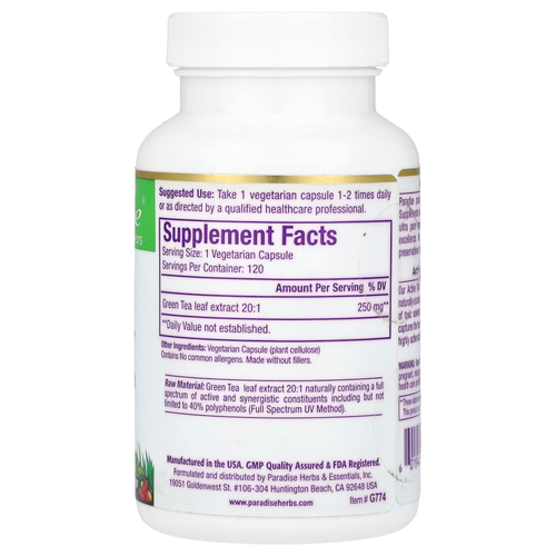 Paradise Herbs, Зеленый чай, 120 вегетарианских капсул (250 мг на капсулу)