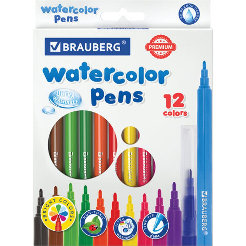 Фломастеры BRAUBERG "PREMIUM", 12 цветов, УЛЬТРАСМЫВАЕМЫЕ, классические, вентилируемый колпачок, картонная коробка с европодвесом, 151938