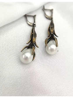 Серьги длинные жемчуг, серебро 925
