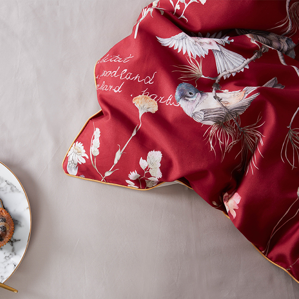 Постельное белье ЕВРО (двуспалка) Египедский Хлопок Птички на красном