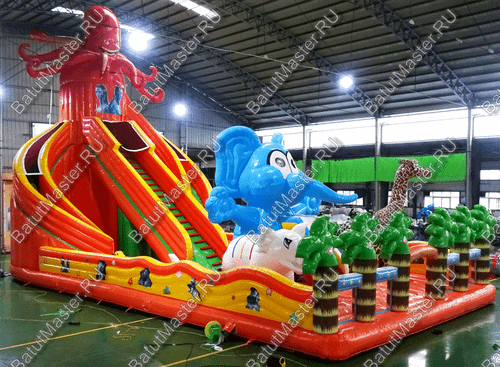 Коммерческий надувной батут "Слоны и жираф" 18*9*8,5 м