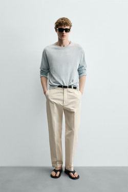 ZARA ПРЯМЫЕ БРЮКИ ЧИНОС ИЗ ХЛОПКА И ЛЬНА, ПЕСОЧНЫЙ