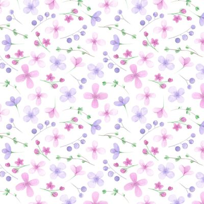 Весенний принт. Розовые и сиреневые цветы, весенняя зелень. Цветочный принт