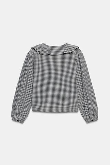ZARA БЛУЗА В КЛЕТКУ ВИШИ С ВОЛАНАМИ, ЧЕРНЫЙ/ЭКРЮ