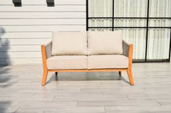 "Сидней" диван 2-местный плетеный из роупа, основание тик, каркас алюминий бежевый, роуп бежевый, ткань бежевая